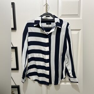 T Tahari Striped Navy and White Button-Up Shirt